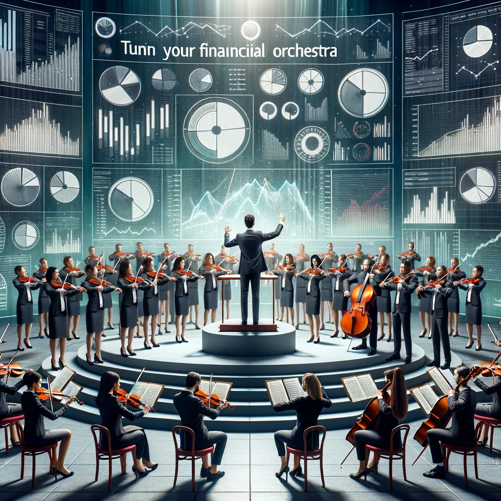 Conductor directing a financial-themed orchestra surrounded by high-tech financial data displays and graphs, illustrating the intricacies of portfolio rebalancing.