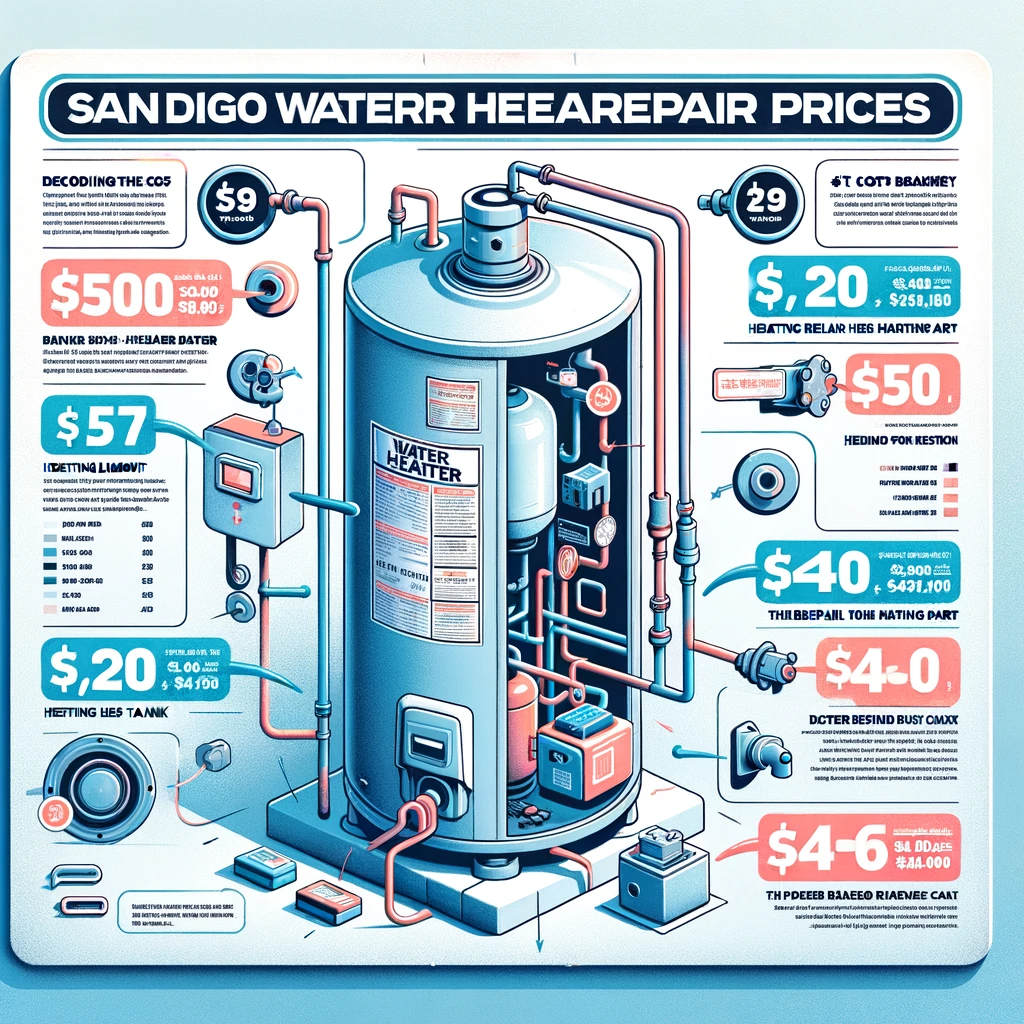 "Infographic showcasing the breakdown of water heater repair costs in San Diego with labeled parts and their respective prices."