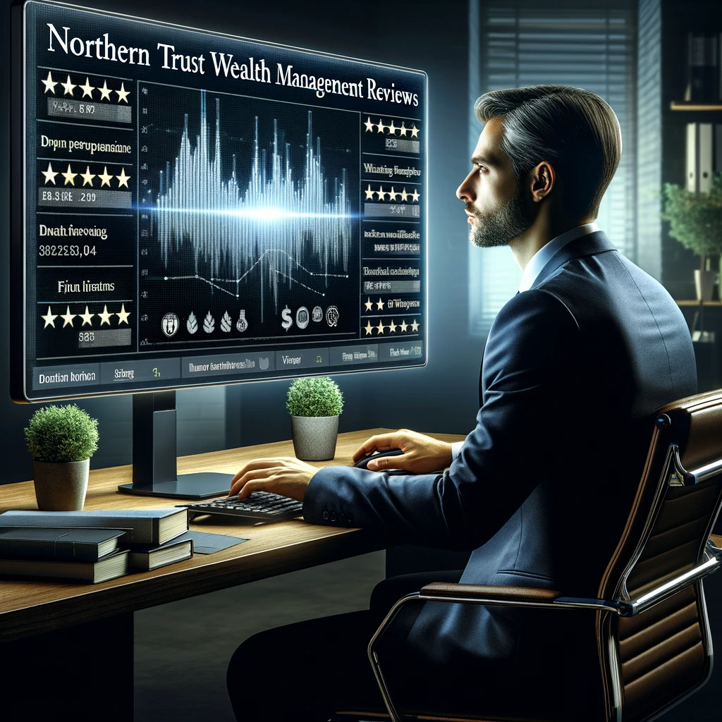 Financial analyst examining Northern Trust Wealth Management reviews on a computer, in a sophisticated office, symbolizing expert financial evaluation.