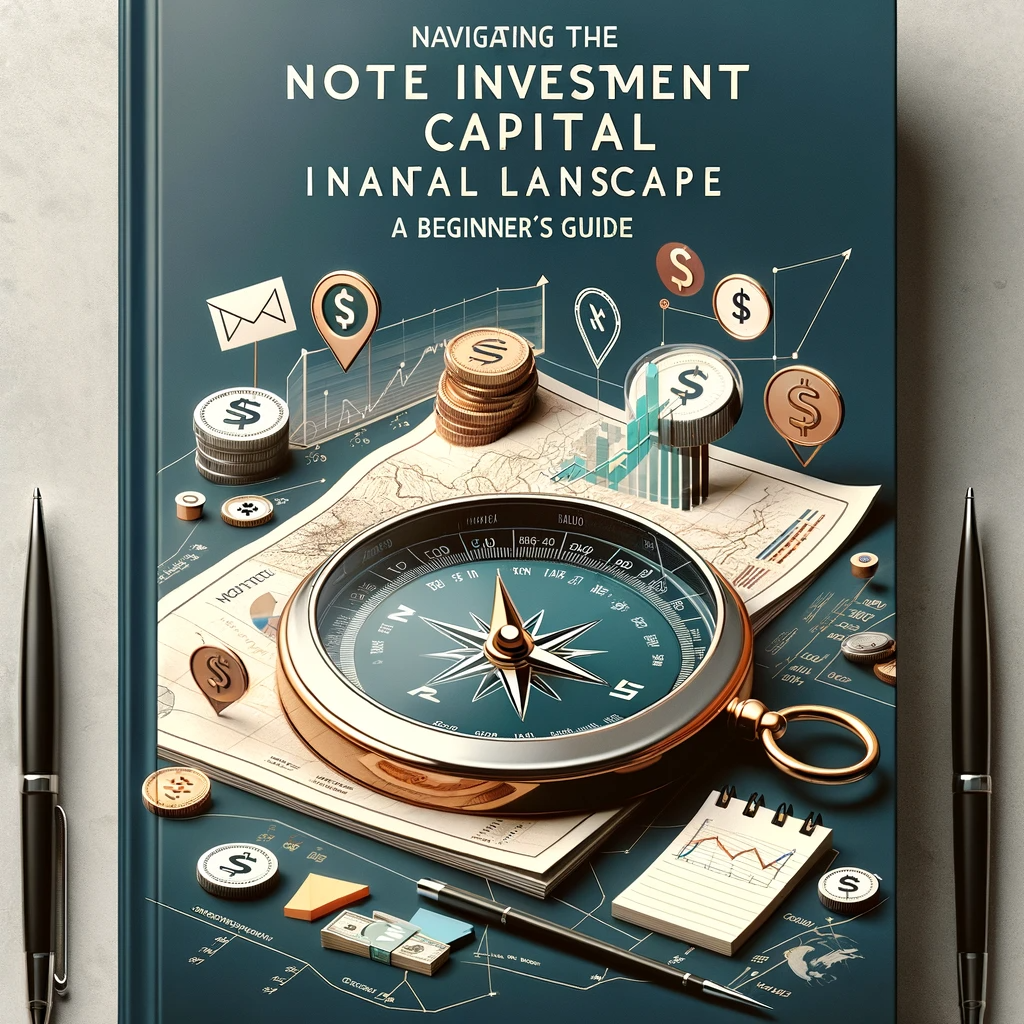 Book cover with a compass and map, symbolizing investment navigation, titled 'Navigating the Note Investment Capital Landscape: A Beginner's Guide'.